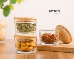 ظرف شیشه‌ ای گرد 190 میلی لیتری درب چوبی لیمون